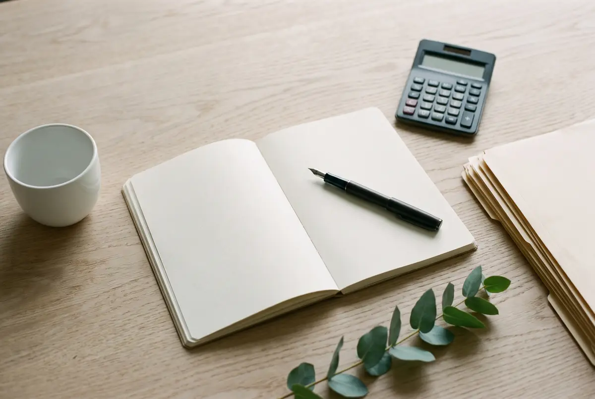 Printed ledger, calculator, pens and a coffee on a desk