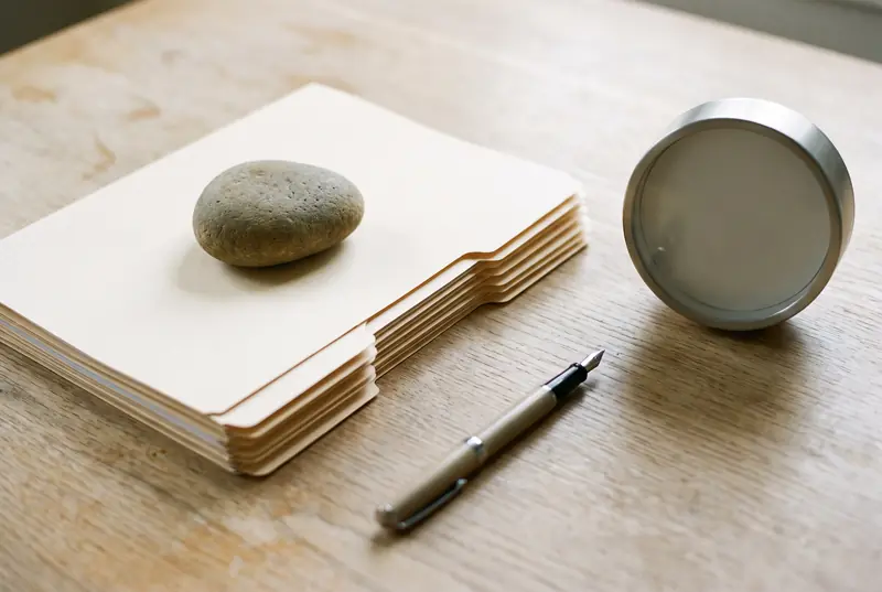 A tidy stack of plain folders, a stone paperweight and a desk clock