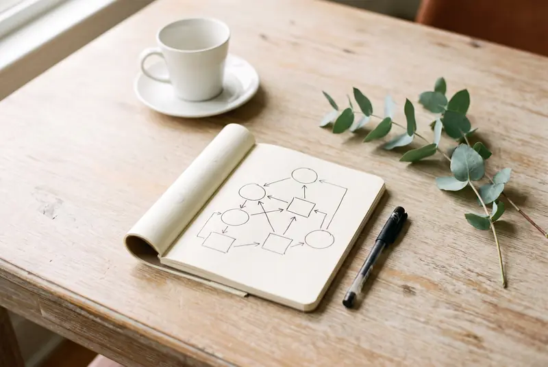 An open notebook showing a simple hand-drawn diagram of circles, boxes and arrows