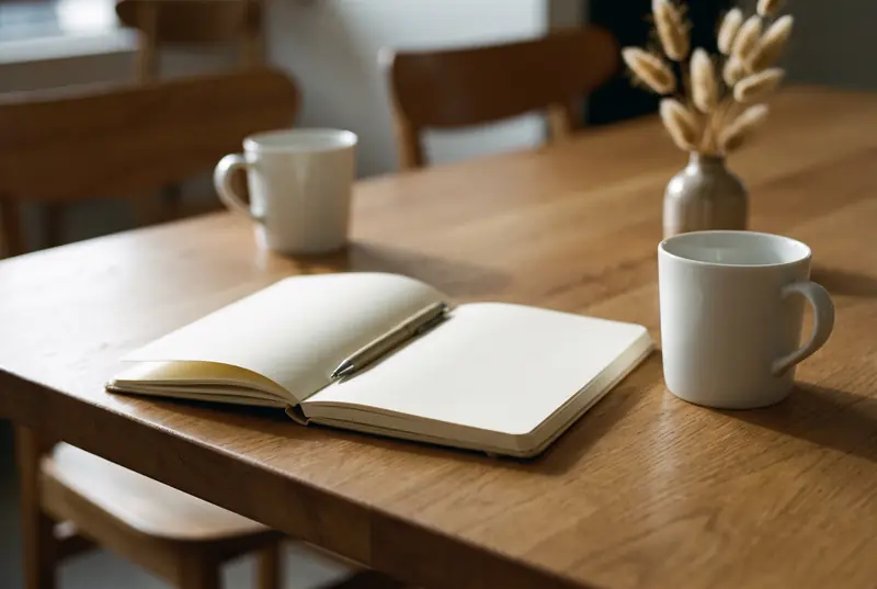 Two coffee cups either side of an open notebook on a kitchen table
