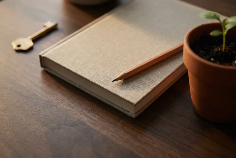 A new notebook, a sharpened pencil, a brass key and a seedling in a terracotta pot